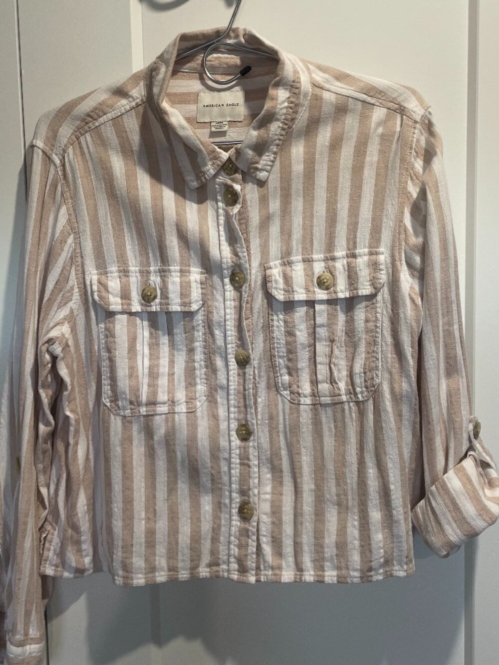 American Eagle Linen Blend Long Sleeve Top